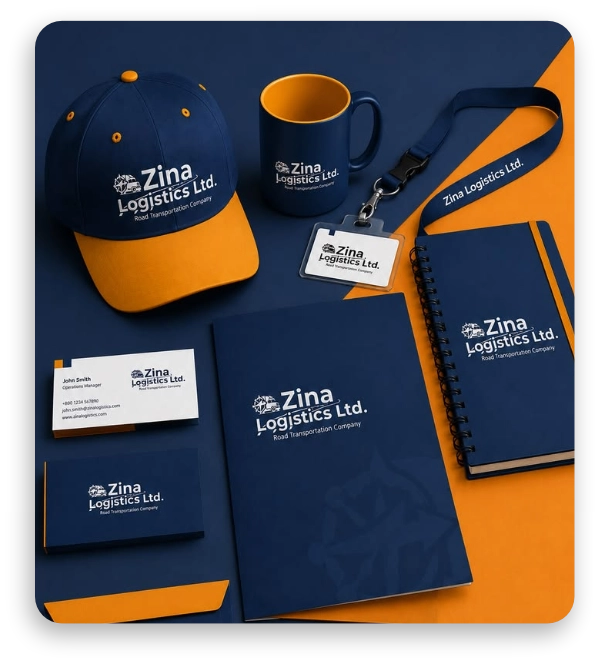 Branded merchandise mockup: cap, mug, lanyard, notebook and business cards for Zina Logistics Ltd.