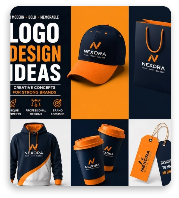 Logo design mockup collage for Nexora: cap, tote bag, hoodie, cups and hang tags