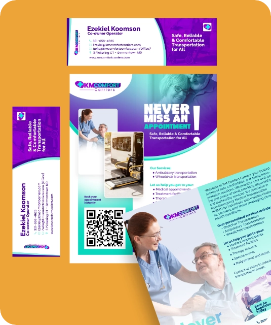 Business card and brochure design for KM Comfort Carriers
