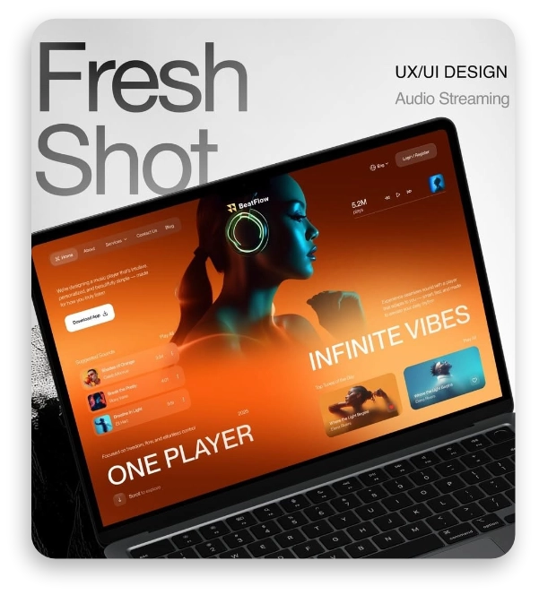 BeatFlow audio streaming app UI/UX design shown on a laptop