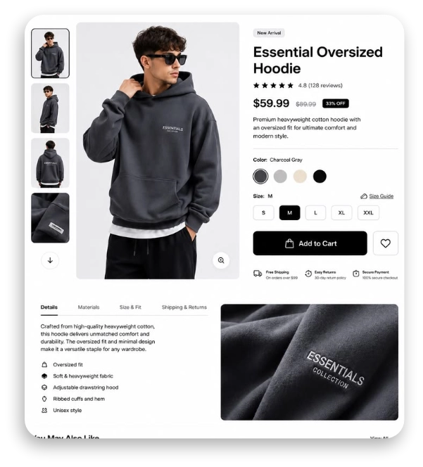 E-commerce product page design for an oversized hoodie